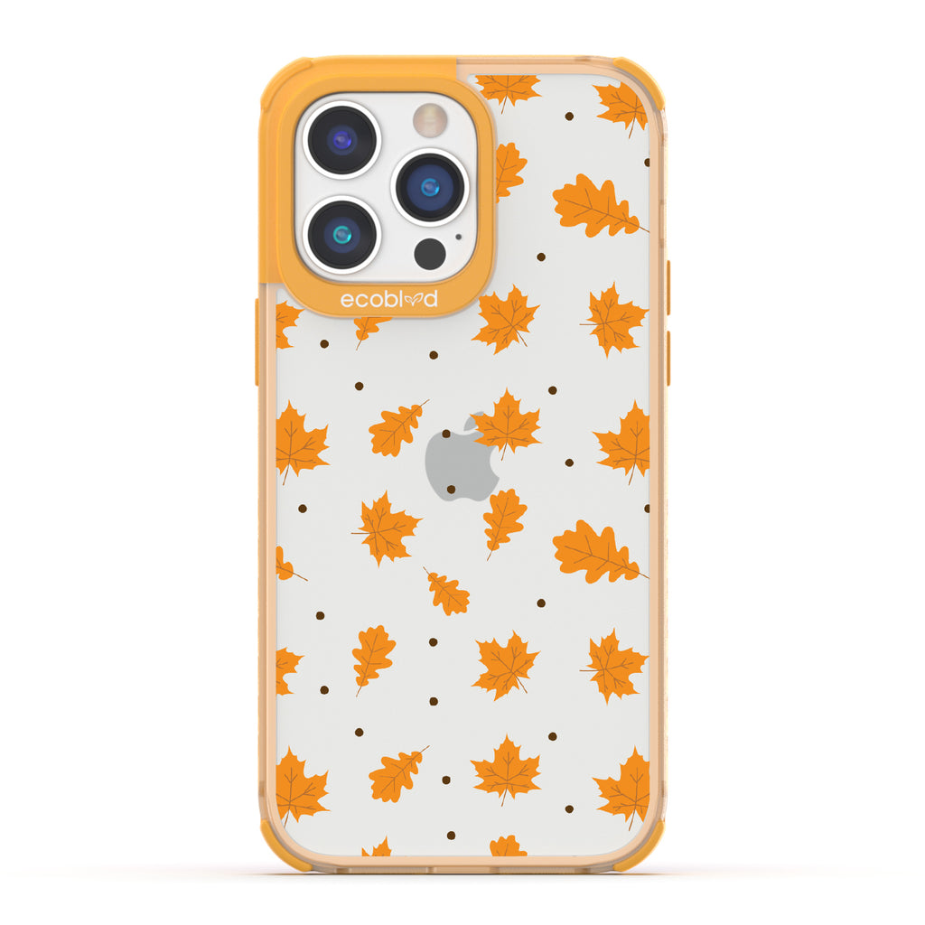 A New Leaf - Brown Fall Leaves - Eco-Friendly Clear iPhone 14 Pro Max Case With Yellow Rim