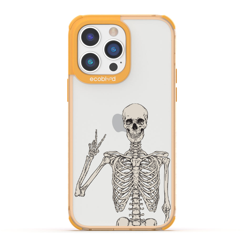 Creepin' It Real - Yellow Eco-Friendly iPhone 14 Pro Case With Skeleton Giving A Peace Sign On A Clear Back