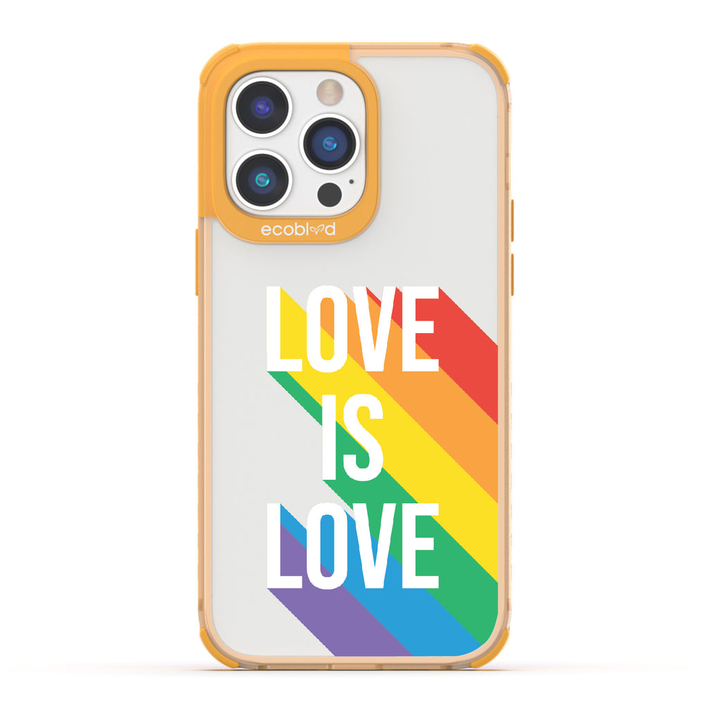 Spectrum Of Love - Yellow Eco-Friendly iPhone 14 Pro Case With Love Is Love + Rainbow Gradient Shadow On A Clear Back