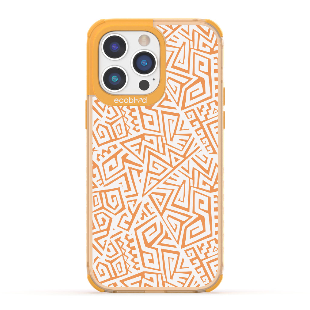 Beyond Borders - Abstract Inca/Kuba/Maori Art  - Eco-Friendly Clear iPhone 14 Pro Max Case With Yellow Rim 