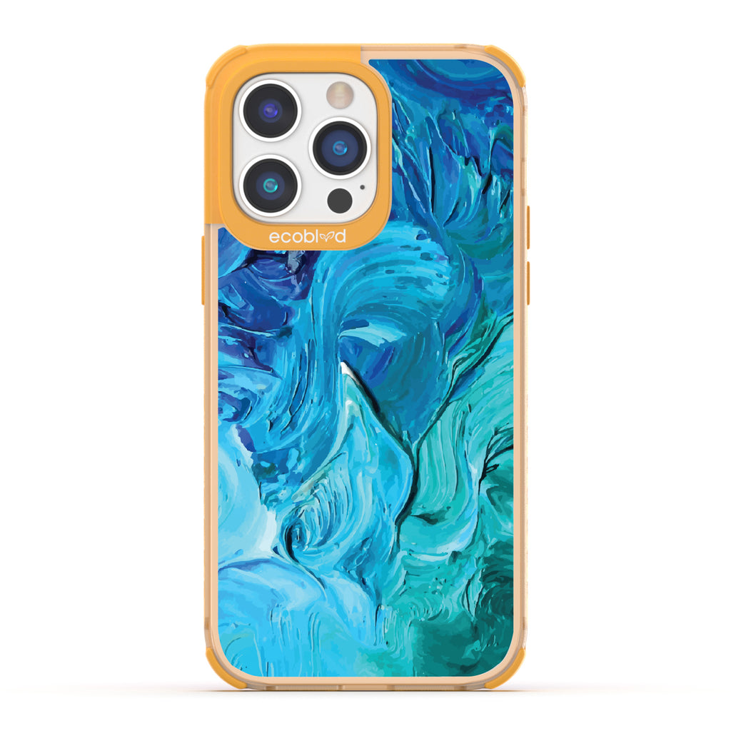 iPhone 14 Pro Max case, clear eco-friendly phone case with yellow ridges, back view, Oceanswept design