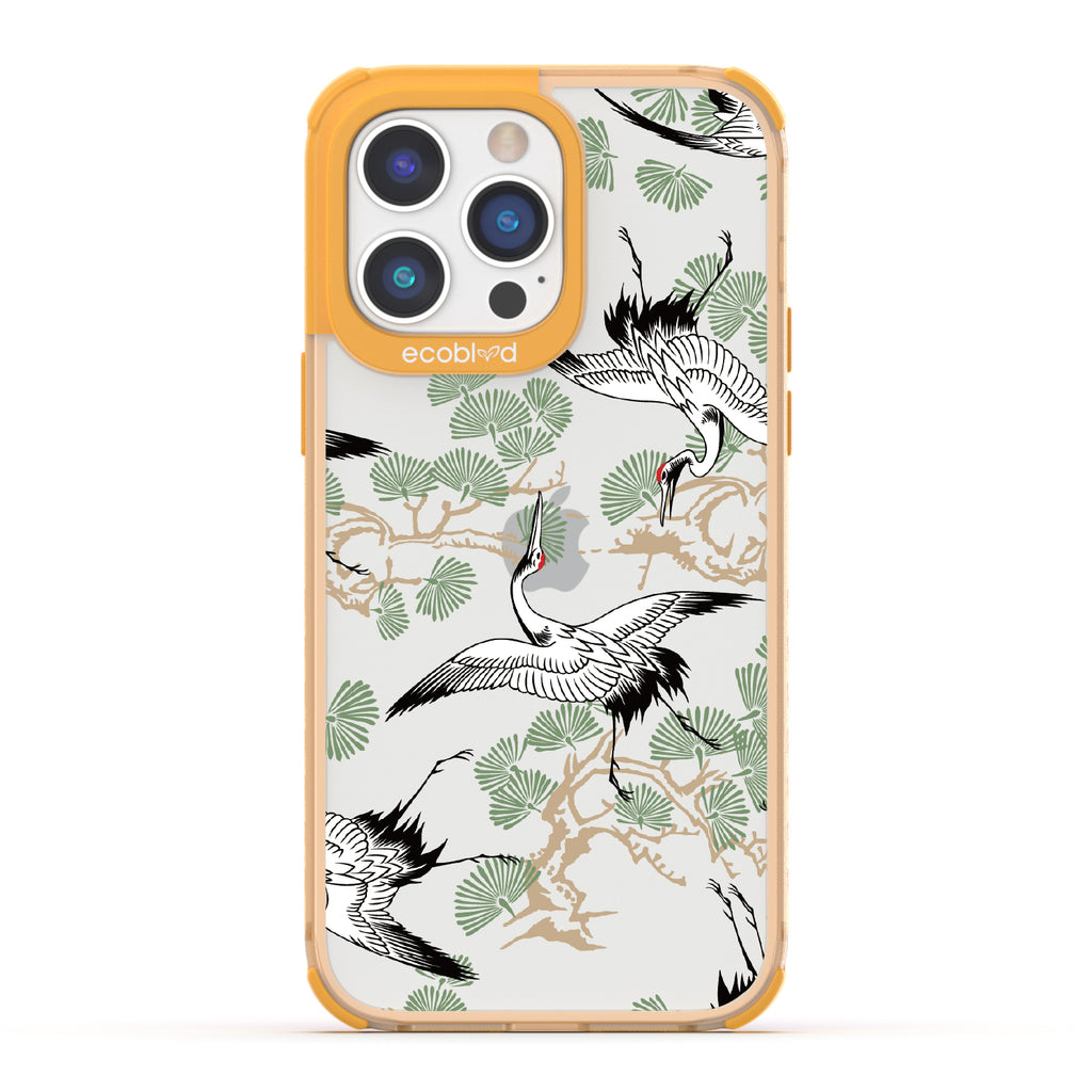 Graceful Crane - Yellow Eco-Friendly iPhone 14 Pro Case With Japanese Cranes Atop Branches On A Clear Back