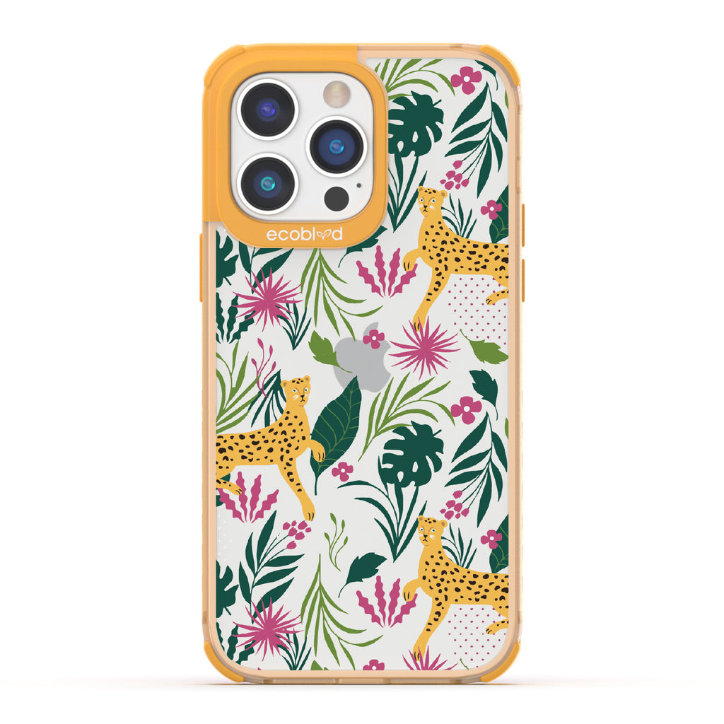 Jungle Boogie - Yellow Eco-Friendly iPhone 14 Pro Case With Cheetahs Among Lush Colorful Jungle Foliage On A Clear Back