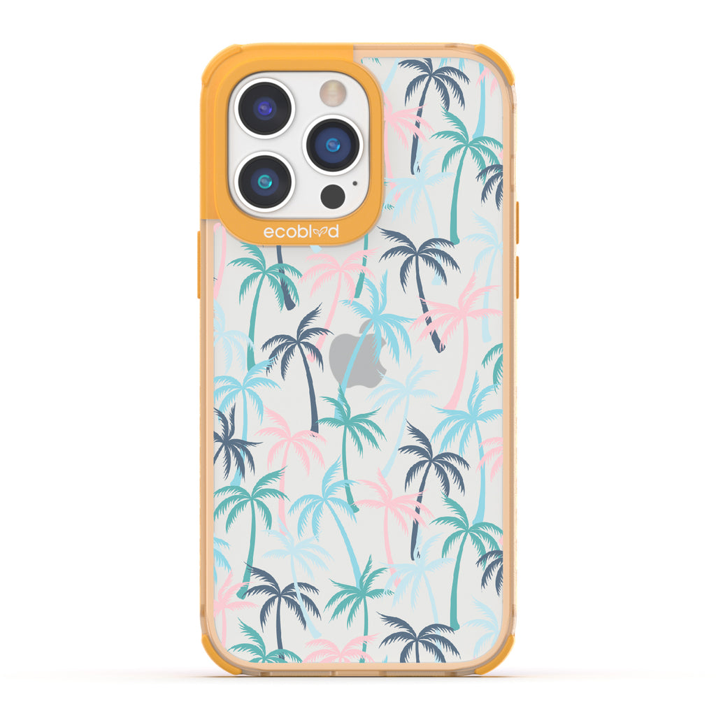 Cruel Summer - Yellow Eco-Friendly iPhone 14 Pro Max Case With Hotline Miami Colored Tropical Palm Trees On A Clear Back