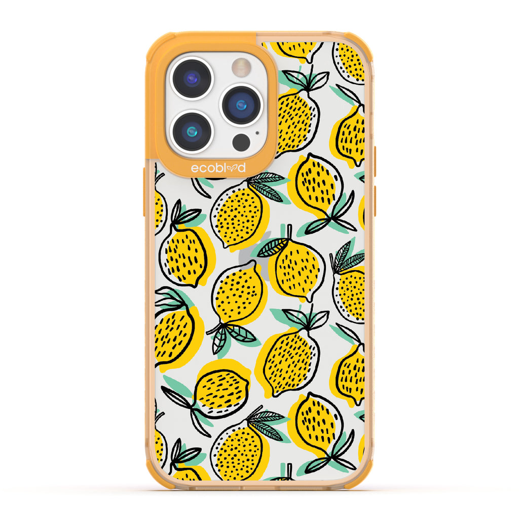 Lemon Drop - Yellow Eco-Friendly iPhone 14 Pro Case With Retro Lemon Print On A Clear Back
