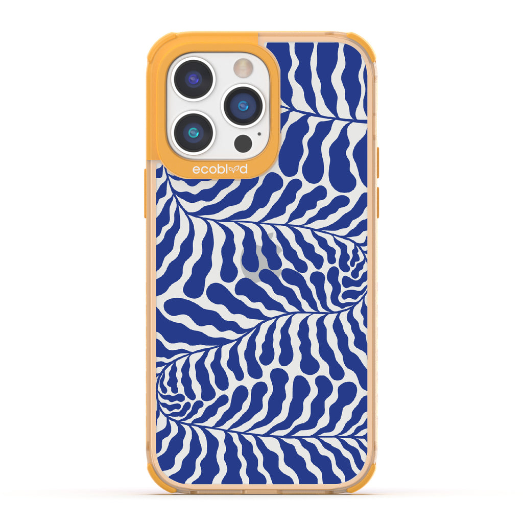 Blue Lagoon - Yellow Eco-Friendly iPhone 14 Pro Max Case With Abstract Tropical Blue Seaweed On A Clear Back