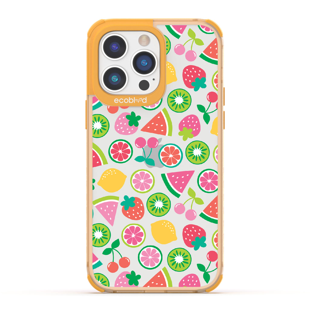 Juicy Fruit - Yellow Eco-Friendly iPhone 14 Pro Max Case With Various Colorful Summer Fruits On A Clear Back