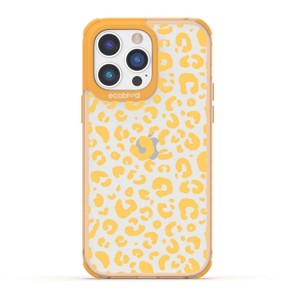 Spot On - Yellow Eco-Friendly iPhone 14 Pro Case With Leopard Print On A Clear Back