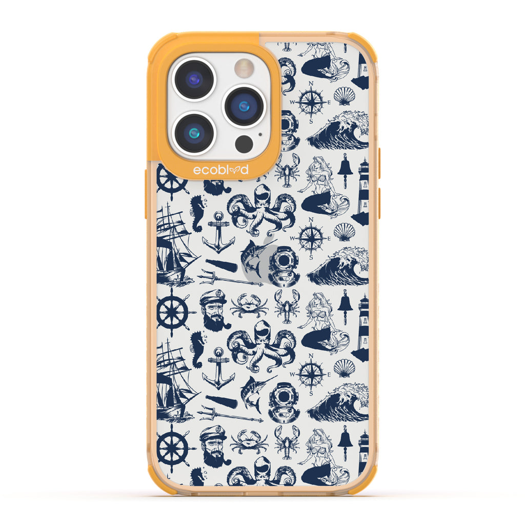 Nautical Tales - Yellow Eco-Friendly iPhone 14 Pro Max Case With Sailors, Ships, Waves, Anchors & More On A Clear Back