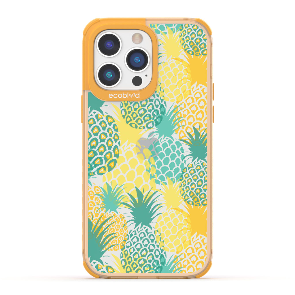 Pineapple Breeze - Yellow Eco-Friendly iPhone 14 Pro Case With Tropical Colored Pineapples On A Clear Back