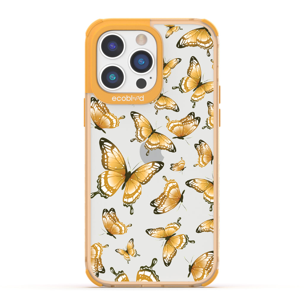 Social Butterfly - Yellow Eco-Friendly iPhone 14 Pro Case With Yellow Butterflies On A Clear Back - Compostable
