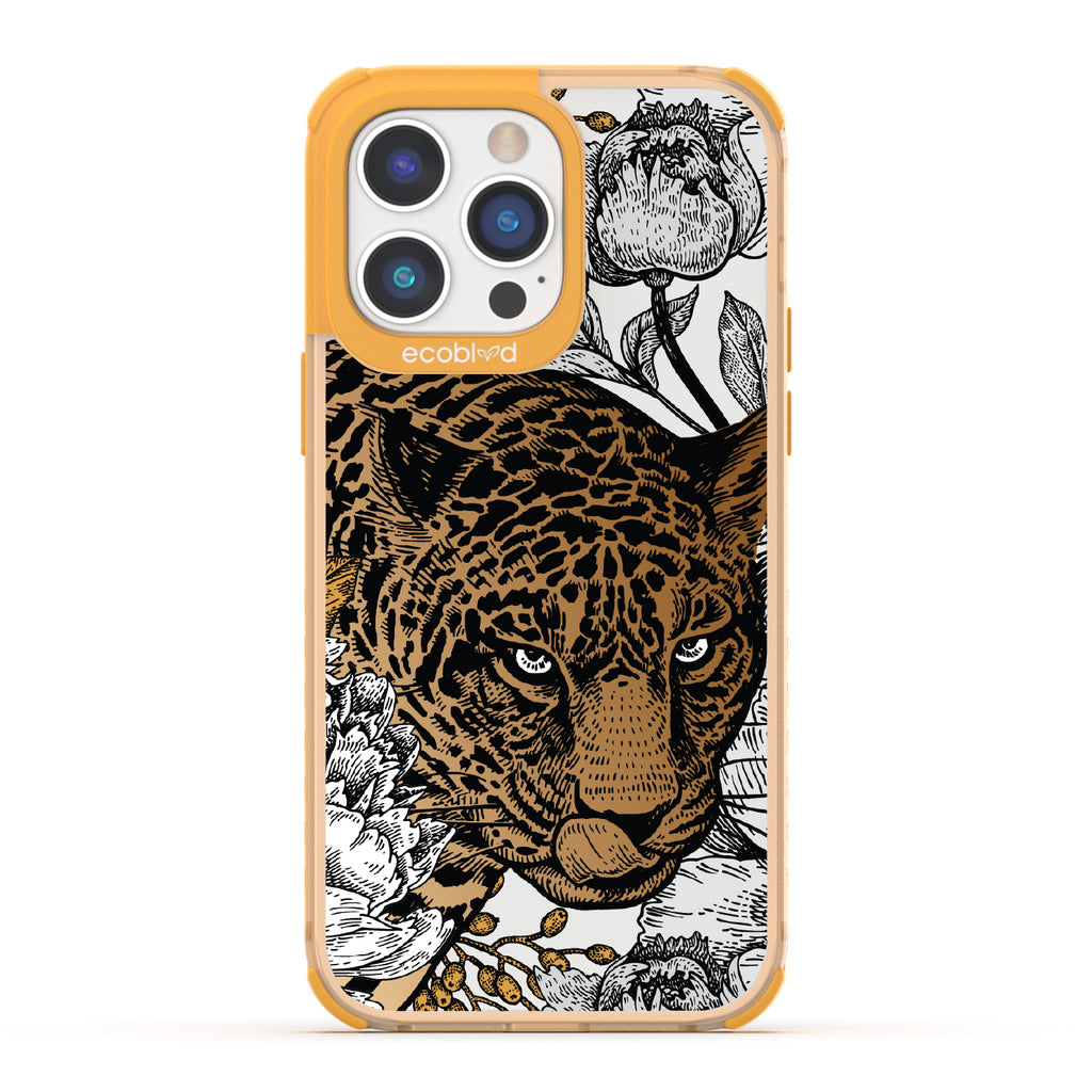 Purrfectly Striking - Yellow Eco-Friendly iPhone 14 Pro Max Case With Leopard, Black/Grey Flowers On A Clear Back