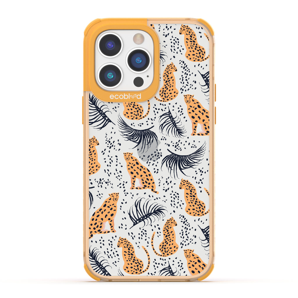 Feline Fierce - Yellow Eco-Friendly iPhone 14 Pro Case With Minimalist Cheetahs With Spots and Reeds On A Clear Back