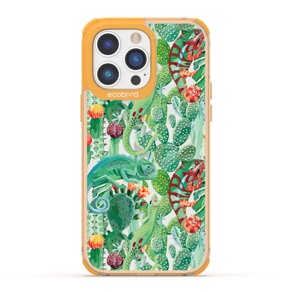 In Plain Sight - Yellow Eco-Friendly iPhone 14 Pro Max Case With Chameleons On Cacti On A Clear Back