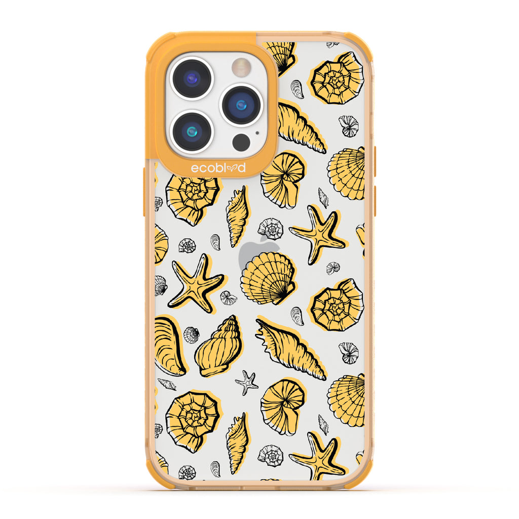 Seashells Seashore - Yellow Eco-Friendly iPhone 14 Pro Max Case With Seashells and Starfish On A Clear Back