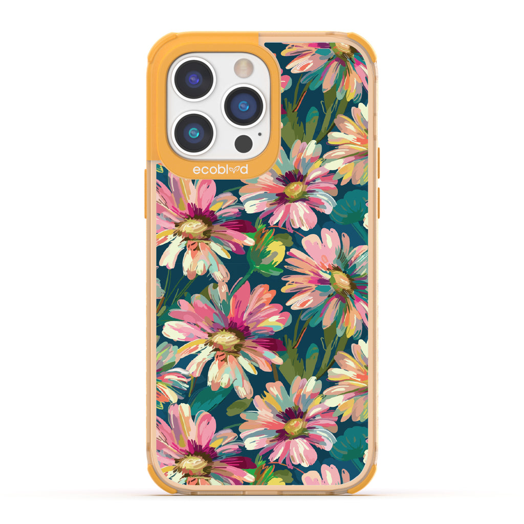iPhone 14 Pro case, clear eco-friendly phone case with yellow ridges, back view, Daisy Dusk design