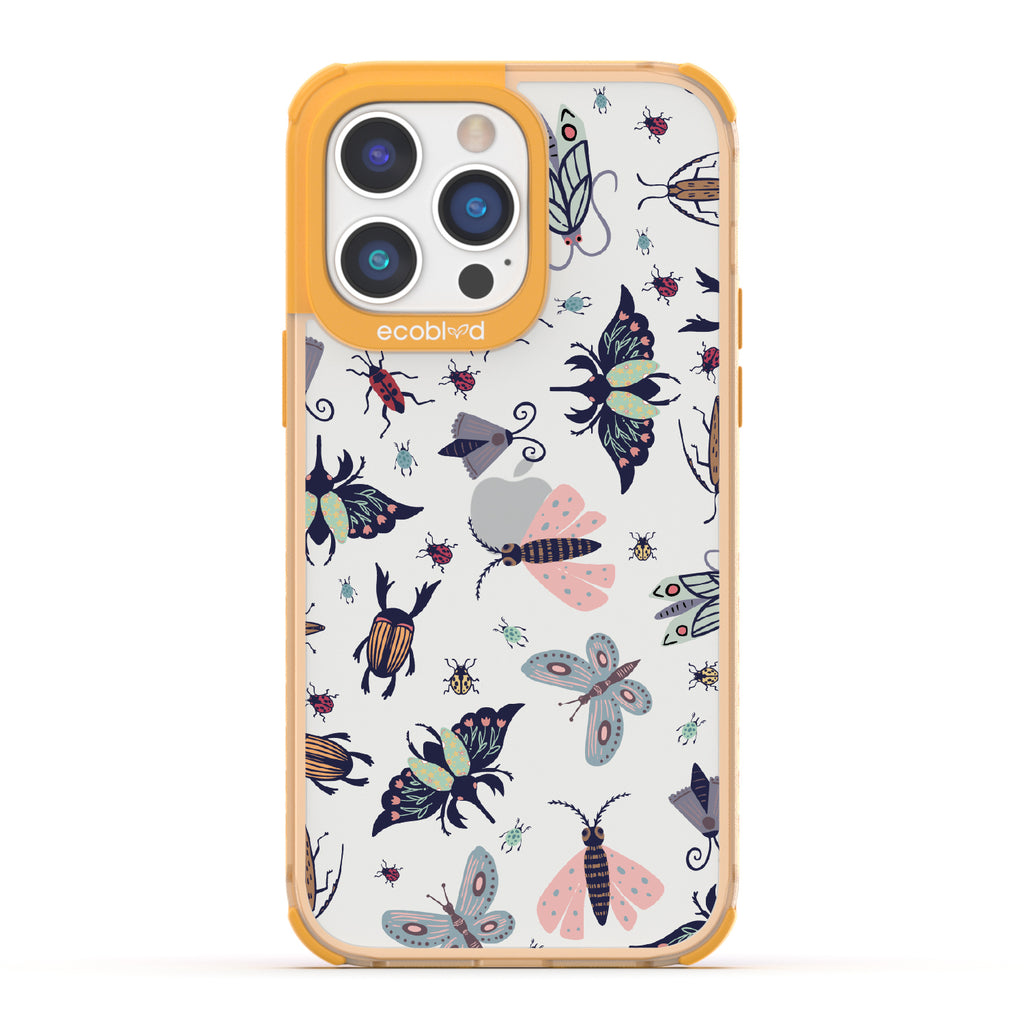 Bug Out - Yellow Eco-Friendly iPhone 14 Pro Case With Butterflies, Moths, Dragonflies, And Beetles On A Clear Back