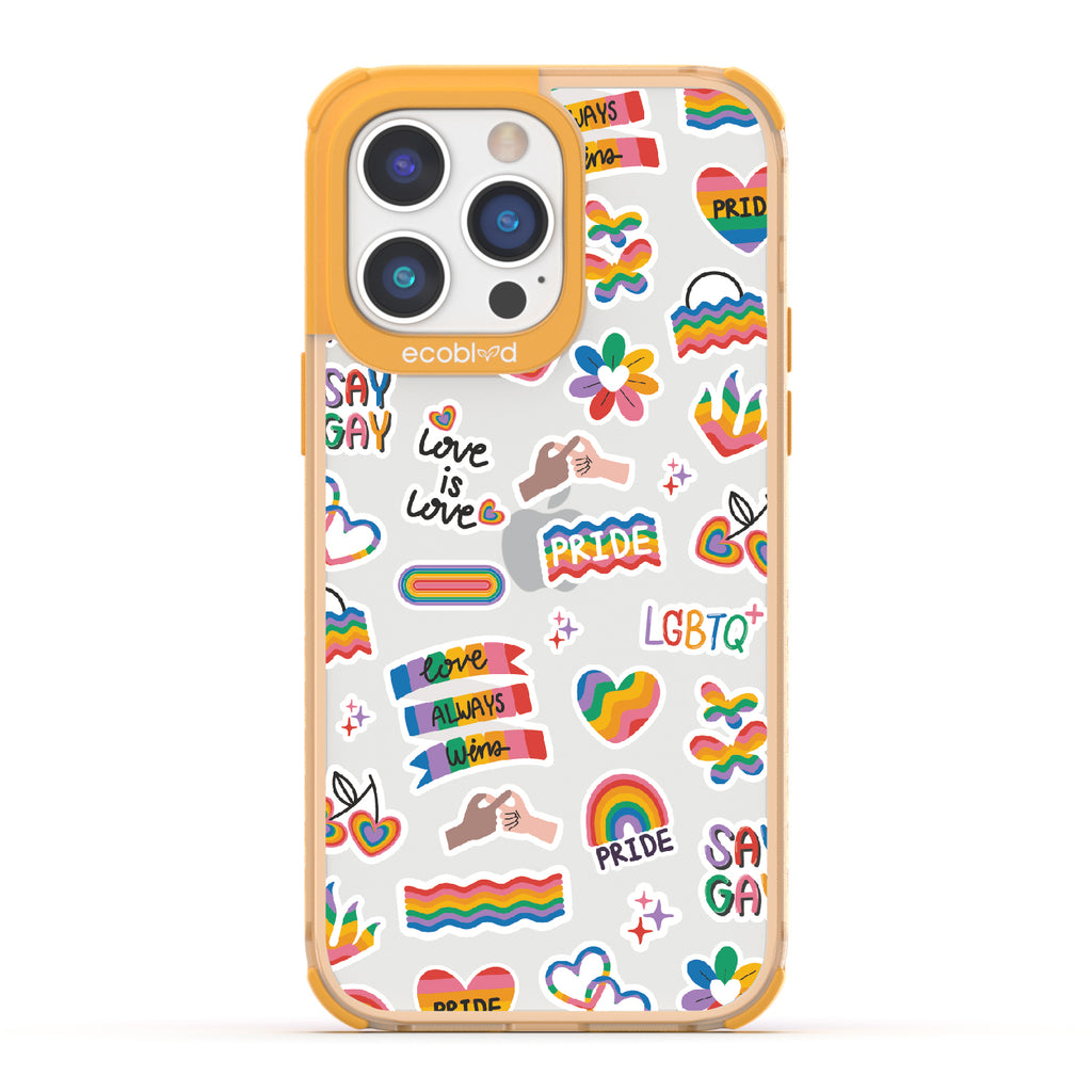 Loud And Proud - Yellow Eco-Friendly iPhone 14 Pro Max Case With Pride, Love Aways Wins + More Sticker-Like Prints On A Clear Back