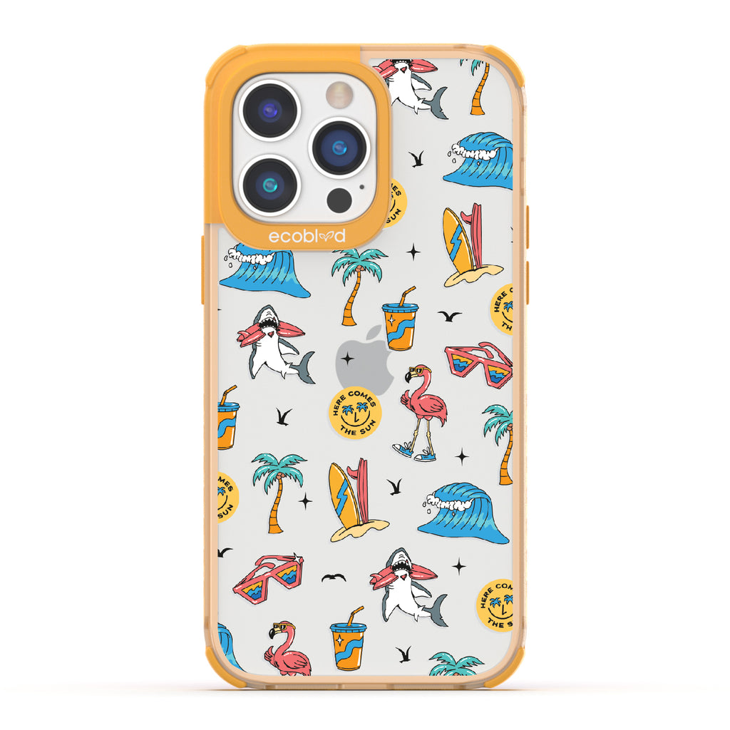 Here Comes The Sun - Yellow Eco-Friendly iPhone 14 Pro Max Case: Sunglasses, Surfboard, Waves & Beach Theme On A Clear Back