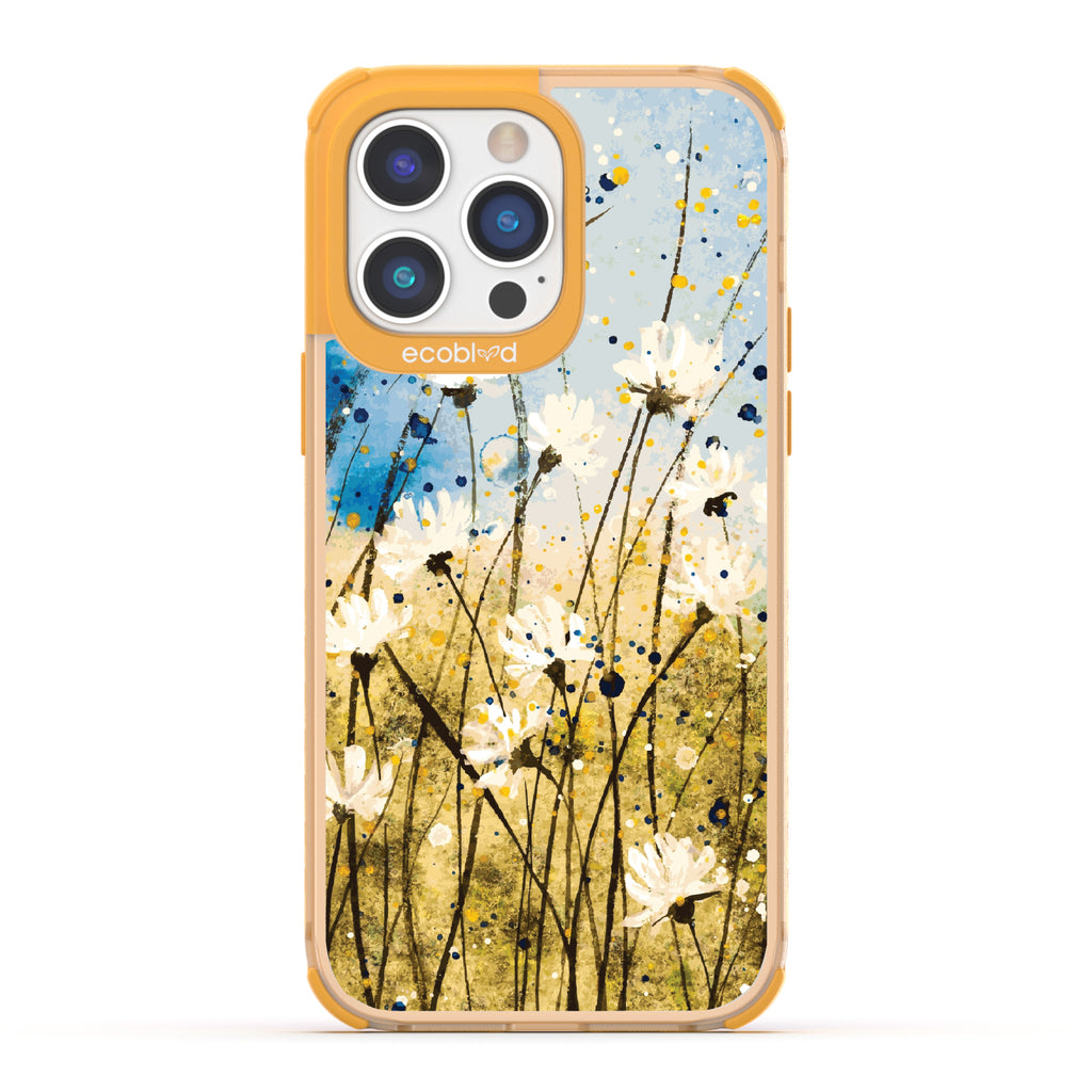 iPhone 14 Pro Max case, clear eco-friendly phone case with yellow ridges, back view, Dandelion Dance design