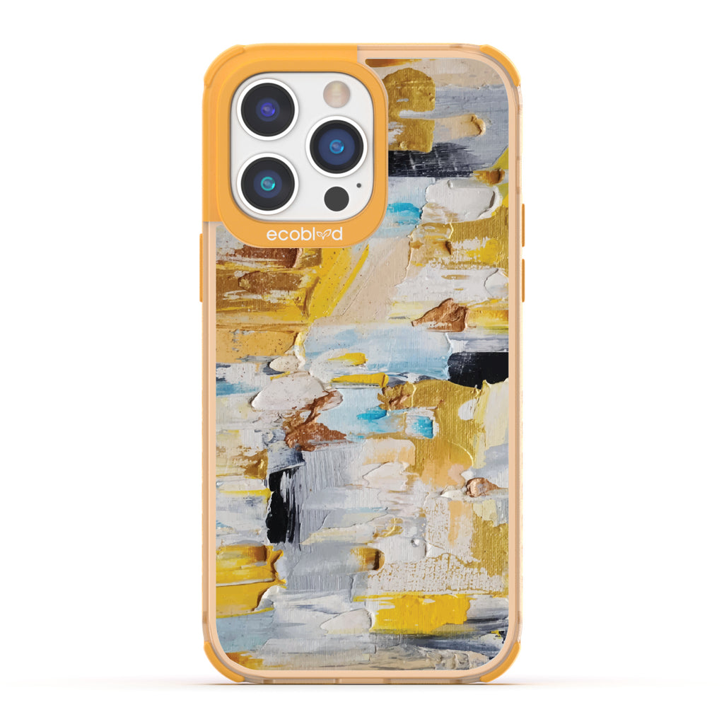 iPhone 14 Pro case, clear eco-friendly phone case with yellow ridges, back view, Lighten Up design