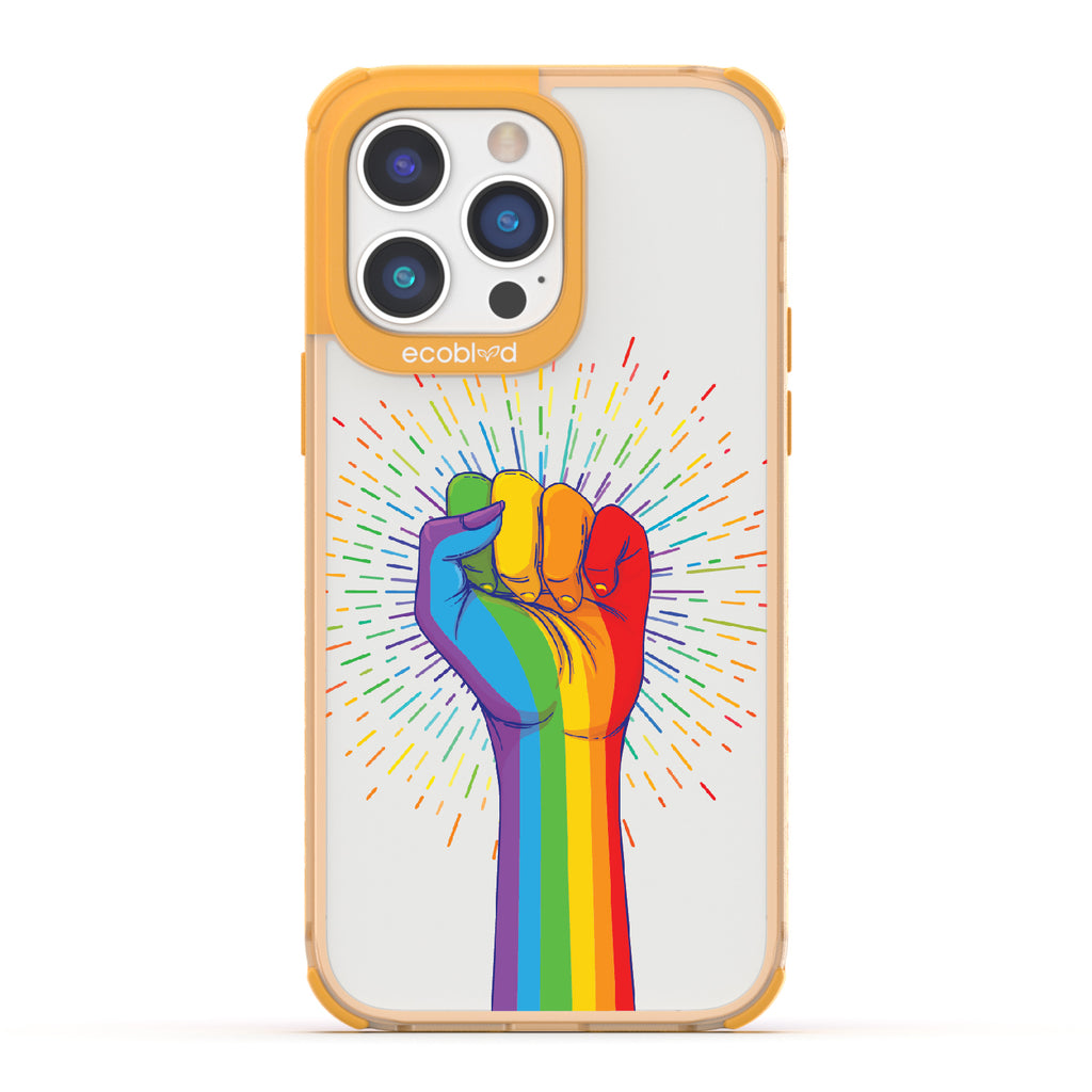 Rise With Pride - Yellow Eco-Friendly iPhone 14 Pro Max Case With Raised Fist In Rainbow Colors On A Clear Back