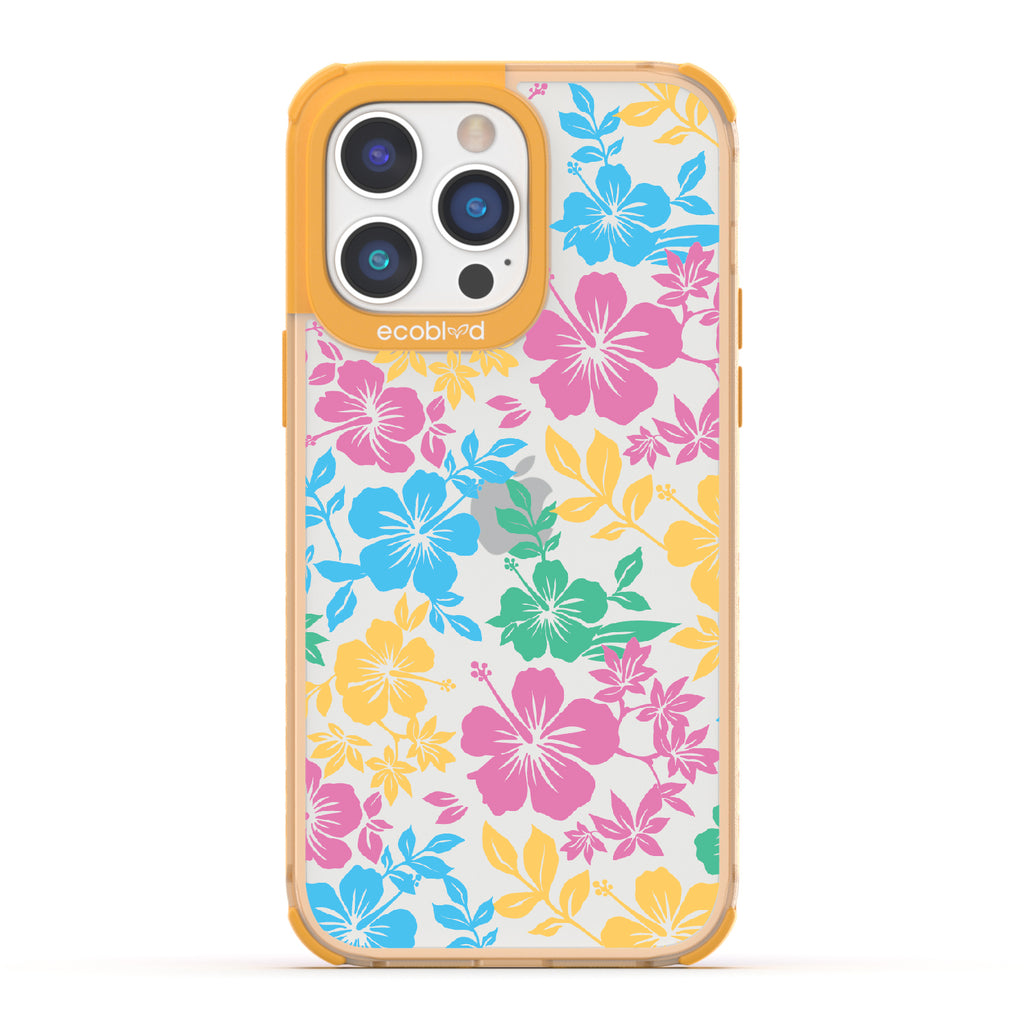 Lei'd Back - Yellow Eco-Friendly iPhone 14 Pro Max Case With Colorful Hawaiian Hibiscus Floral Print On A Clear Back