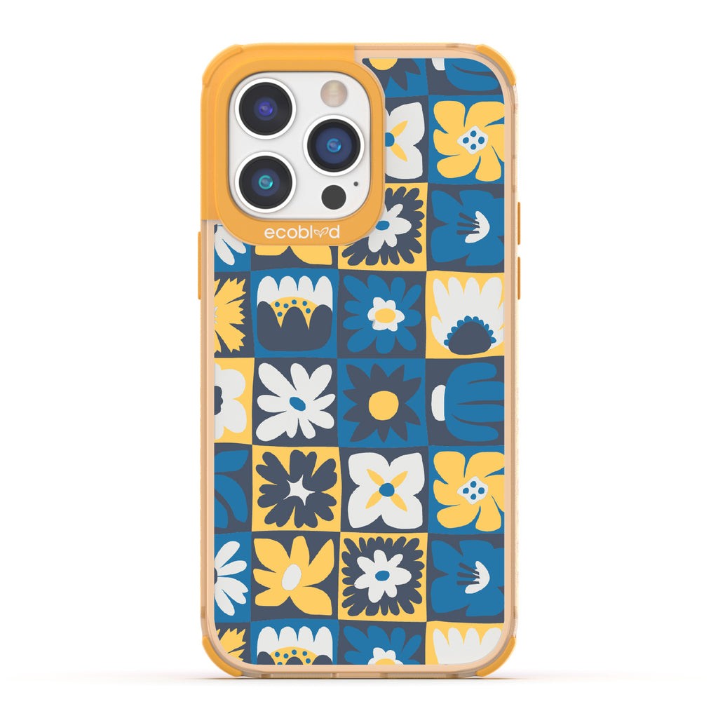 Paradise Blooms - Yellow Eco-Friendly iPhone 14 Pro Max Case With Tropical Floral Checker Print On A Clear Back