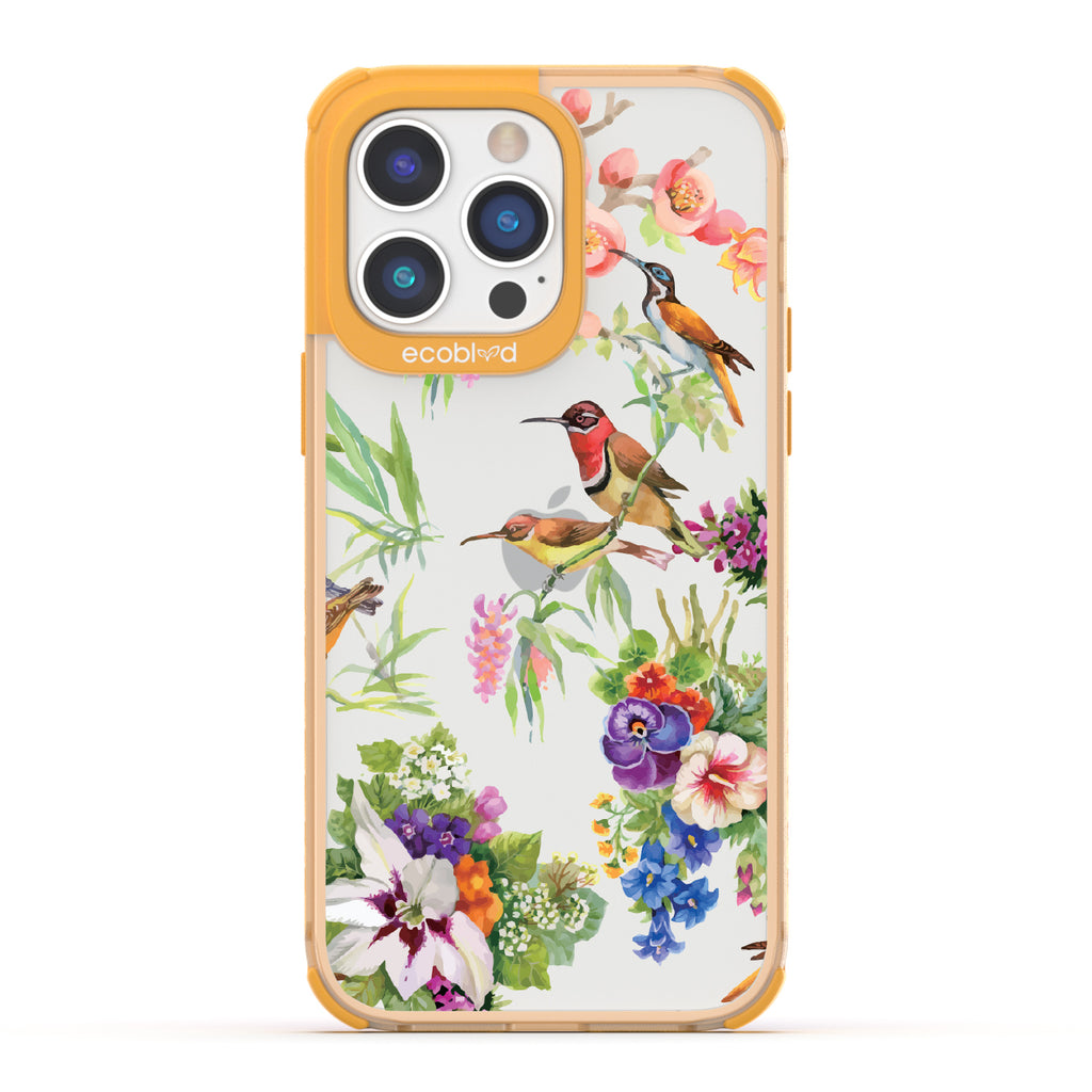 Sweet Nectar - Yellow Eco-Friendly iPhone 14 Pro Case With Humming Birds, Colorful Garden Flowers On A Clear Back
