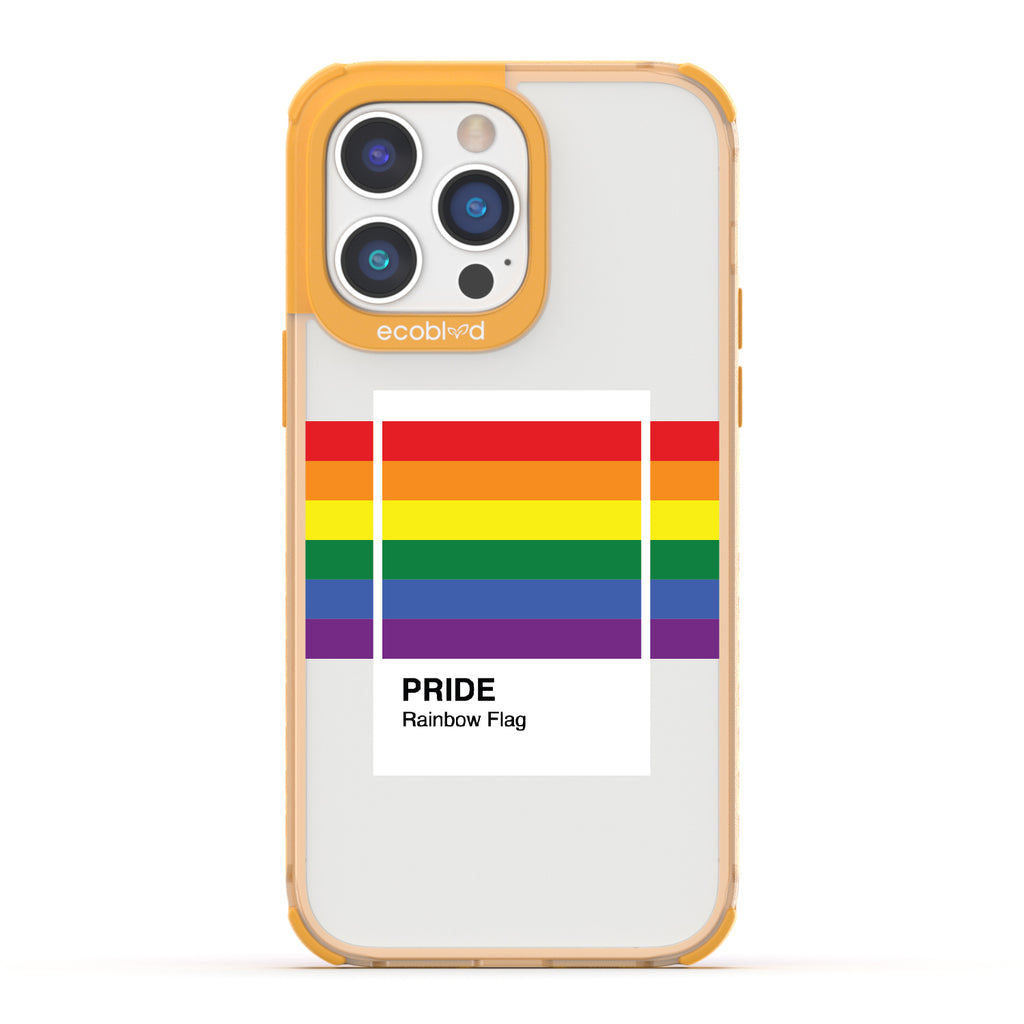 Colors Of Unity - Yellow Eco-Friendly iPhone 14 Pro Case With Pride Rainbow Flag As Pantone Swatch On A Clear Back