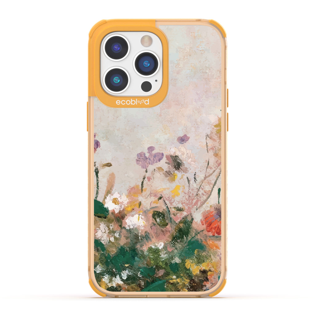 iPhone 14 Pro case, clear eco-friendly phone case with yellow ridges, back view, Wild Grace design