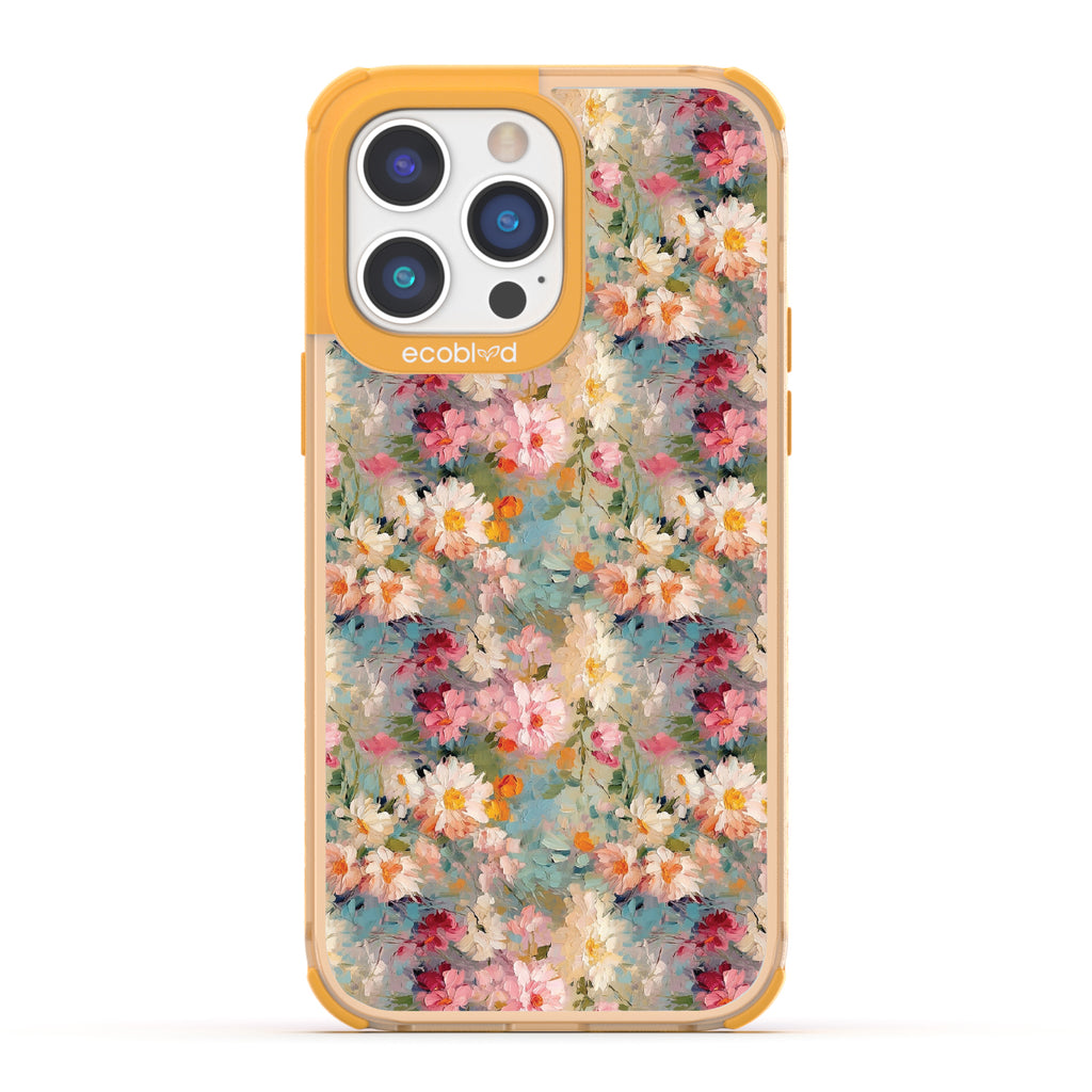 iPhone 14 Pro case, clear eco-friendly phone case with yellow ridges, back view, Perennial design