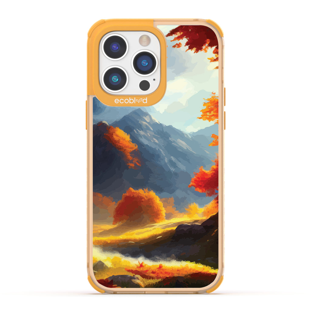 Autumn Canvas - Watercolored Fall Mountain Landscape - Eco-Friendly Clear iPhone 14 Pro Case With Yellow Rim 