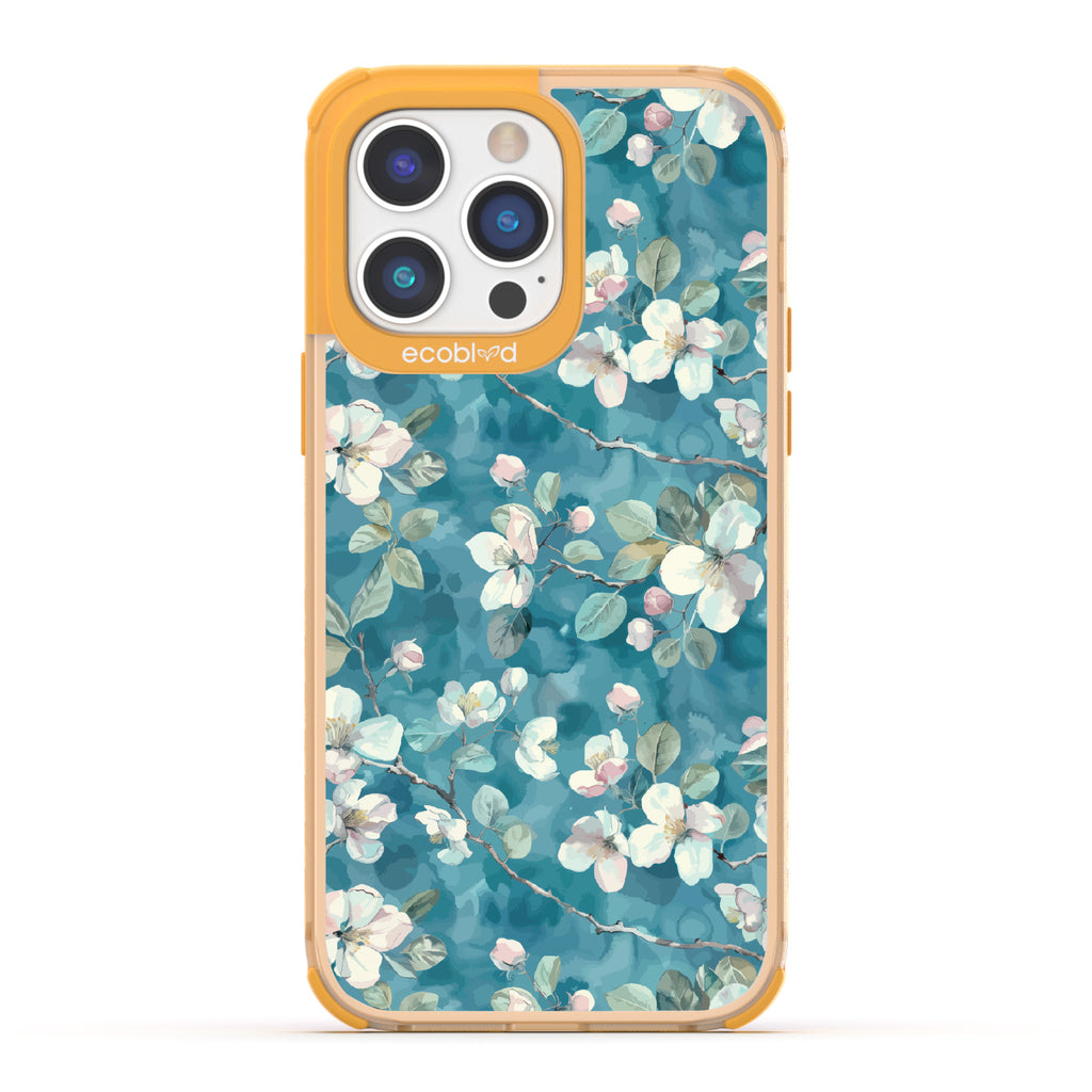 iPhone 14 Pro Max case, clear eco-friendly phone case with yellow ridges, back view, Sway & Sprout design