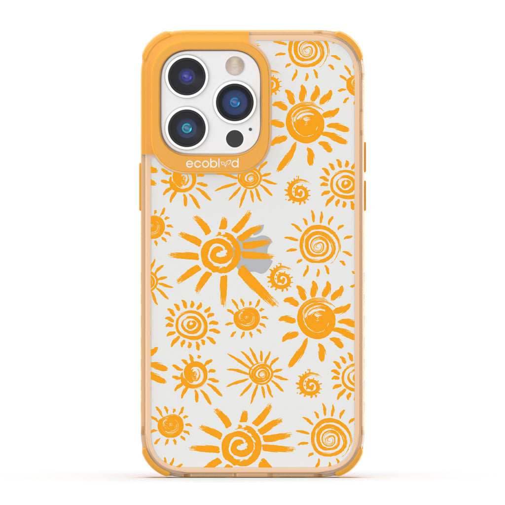 Eternal Sunshine - Yellow Eco-Friendly iPhone 14 Pro Case With Retro & Abstract Sun Paintings On A Clear Back