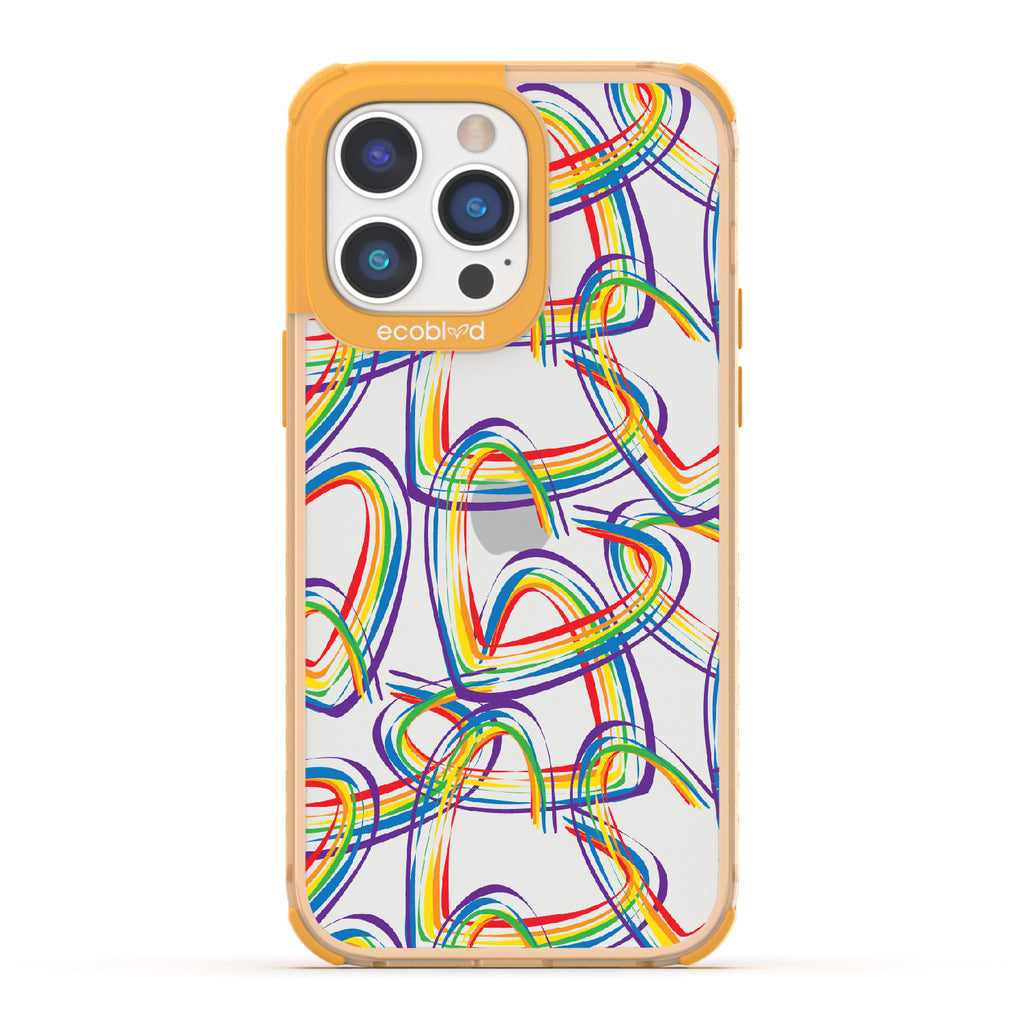 One Love - Yellow Eco-Friendly iPhone 14 Pro Case With Brush Stroke Rainbow Hearts On A Clear Back