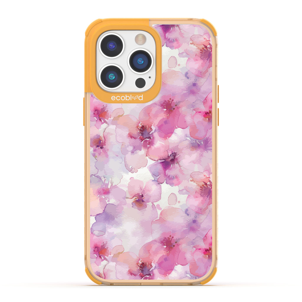 iPhone 14 Pro Max case, clear eco-friendly phone case with yellow ridges, back view, Rosewater design