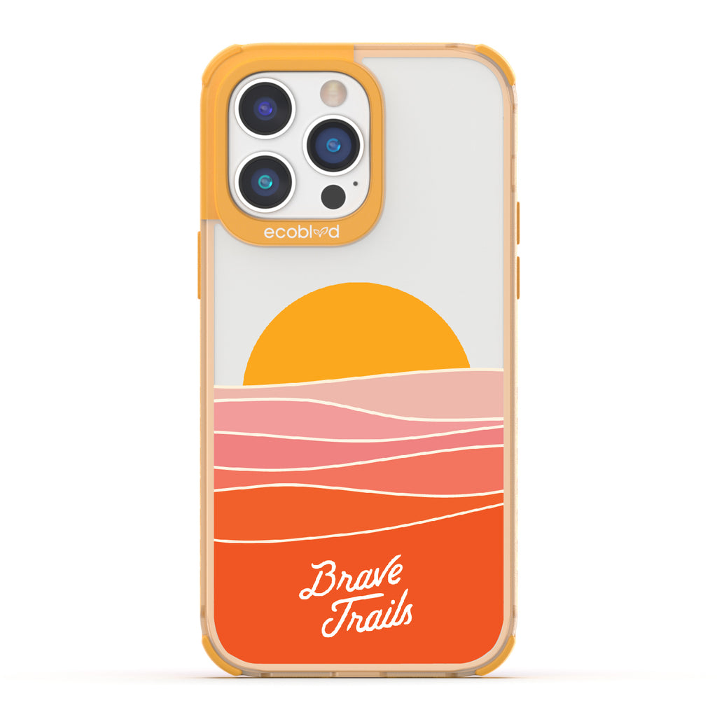 Enlightened X Brave Trails - Yellow Eco-Friendly iPhone 14 Pro Max Case with Sun Rising Over Minimalist Hillside On Clear Back