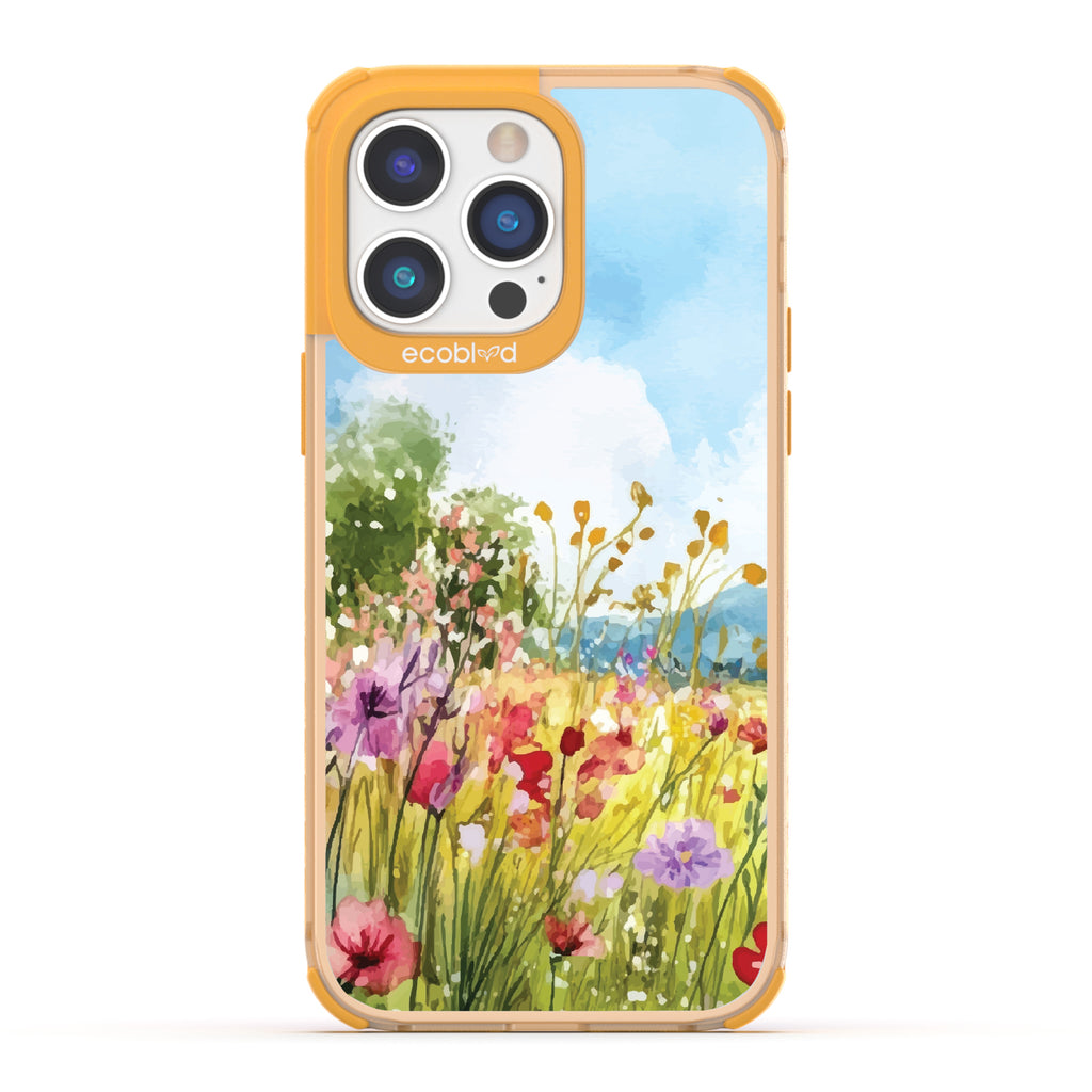 iPhone 14 Pro Max case, clear eco-friendly phone case with yellow ridges, back view, Everwild design