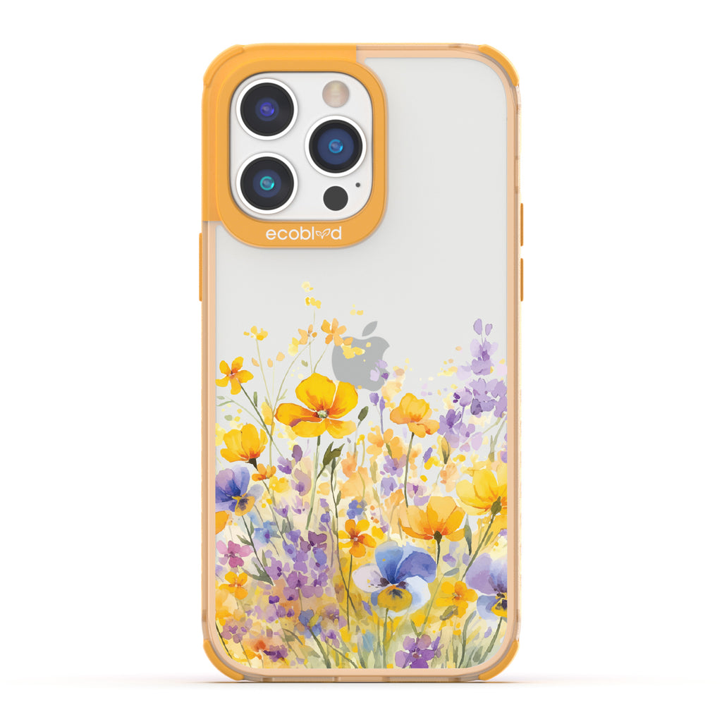 iPhone 14 Pro Max case, clear eco-friendly phone case with yellow ridges, back view, Meadowlight design