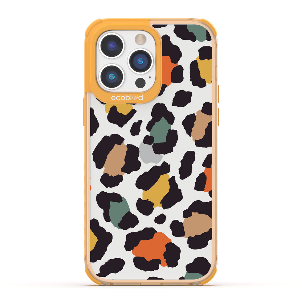 Cheetahlicious - Yellow Eco-Friendly iPhone 14 Pro Max Case With Multi-Colored Cheetah Print On A Clear Back