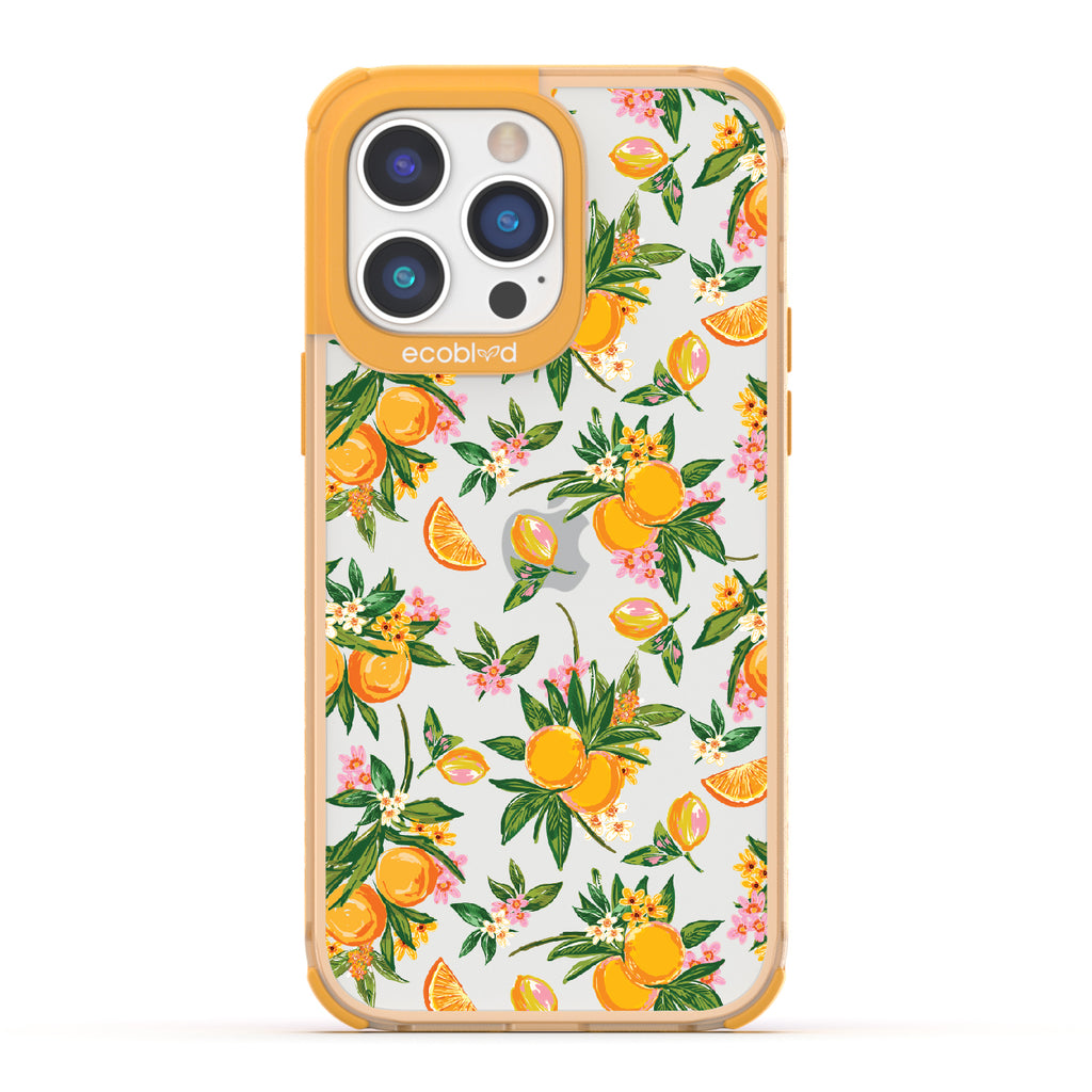 Orange Bliss - Yellow Eco-Friendly iPhone 14 Pro Max Case With Oranges, Orange Slices and Leaves On A Clear Back