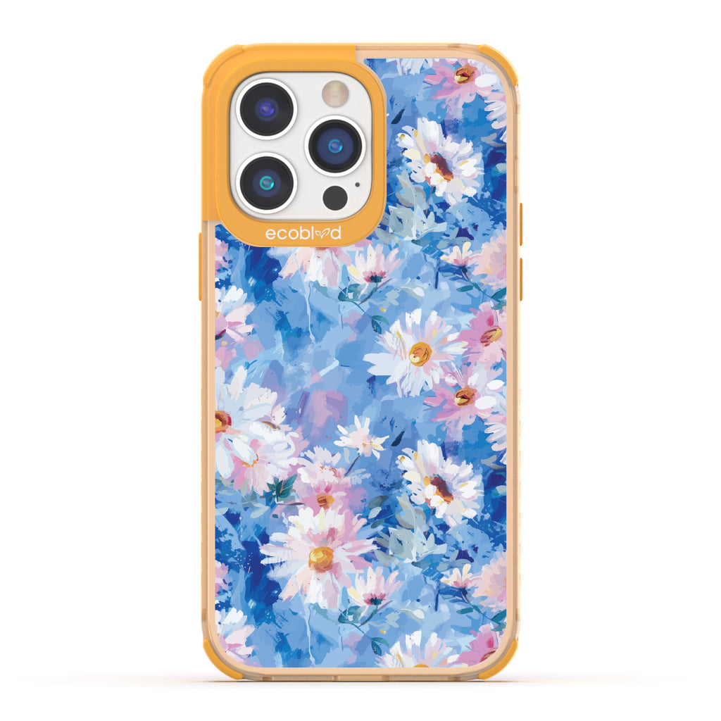 iPhone 14 Pro Max case, clear eco-friendly phone case with yellow ridges, back view, Blown Away design
