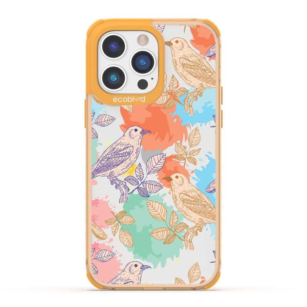 Perch Perfect - Yellow Eco-Friendly iPhone 14 Pro Case With Birds On Branches & Splashes Of Color On A Clear Back