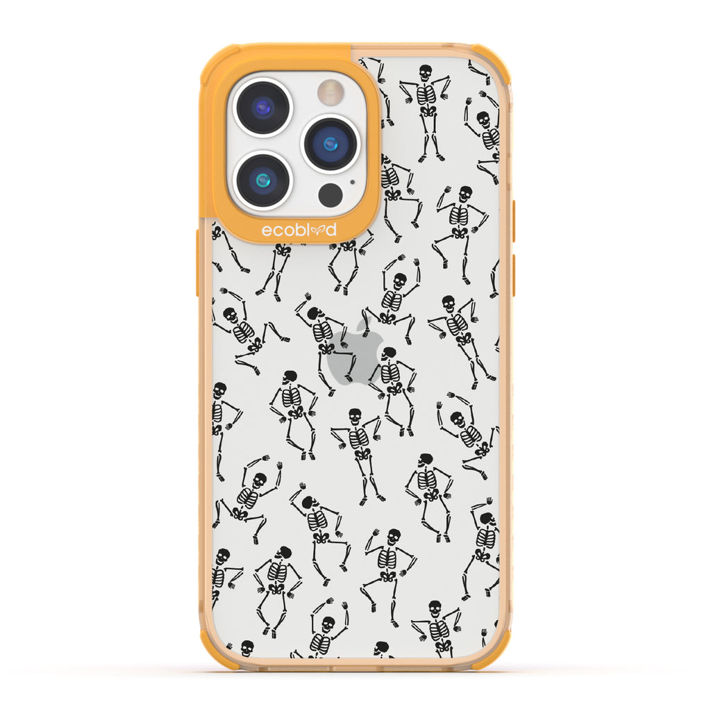 Boogie Man - Dancing Skeletons - Eco-Friendly Clear iPhone 14 Pro Case With Yellow Rim