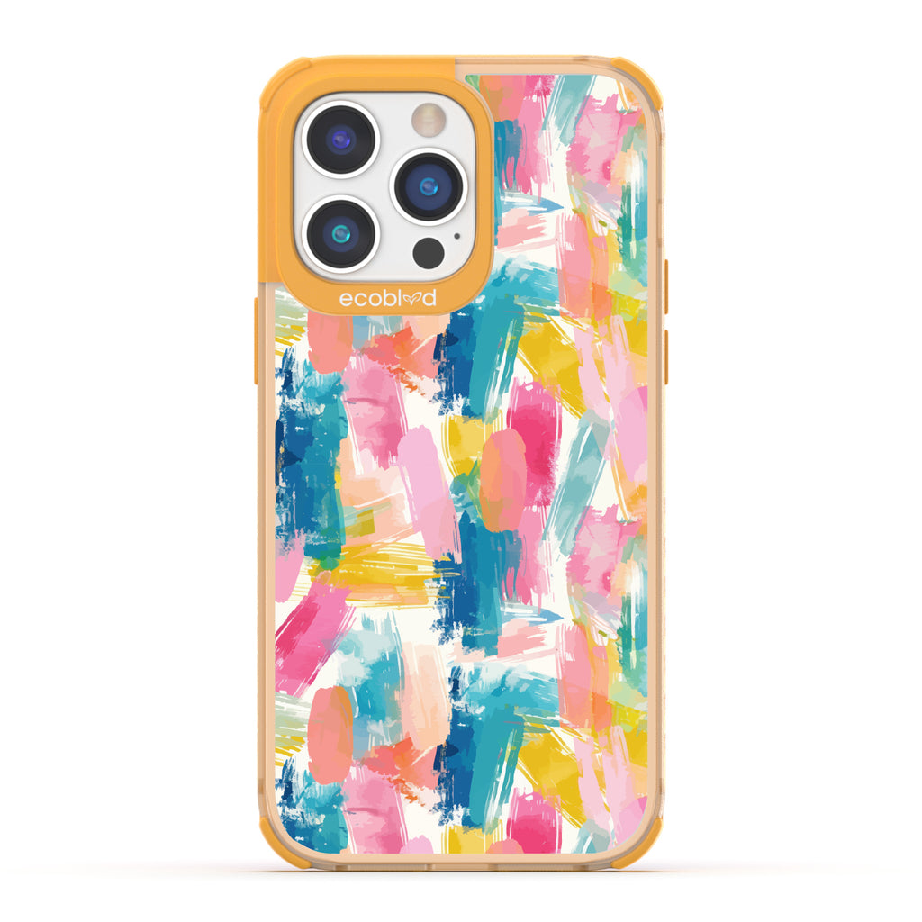 iPhone 14 Pro case, clear eco-friendly phone case with yellow ridges, back view, Blurred Beauty design