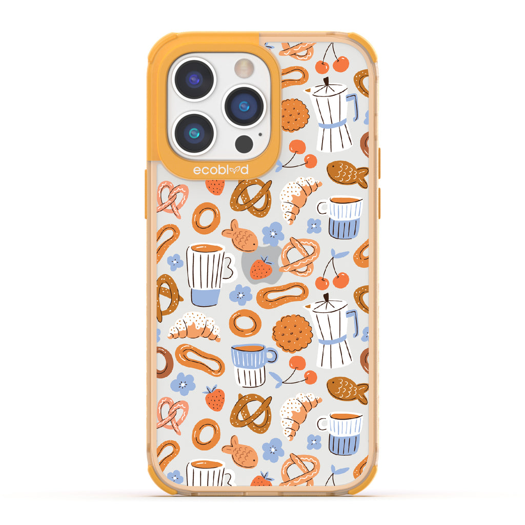 iPhone 14 Pro Max case, clear eco-friendly phone case with yellow ridges, back view, The Breakfast Club design