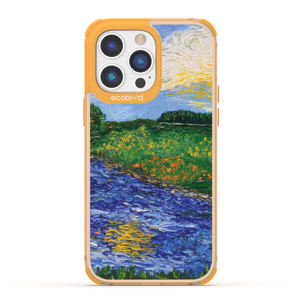 iPhone 14 Pro Max case, clear eco-friendly phone case with yellow ridges, back view, Field of Vision design