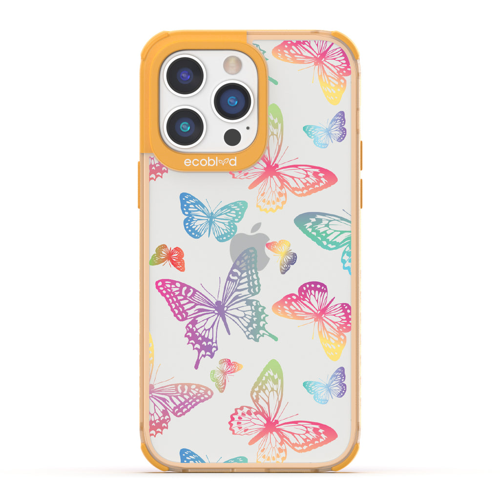 Butterfly Effect - Yellow Eco-Friendly iPhone 14 Pro Max Case With Multi-Colored Neon Butterflies On A Clear Back