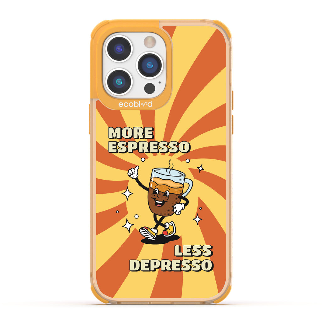 iPhone 14 Pro Max case, clear eco-friendly phone case with yellow ridges, back view, More Espresso design